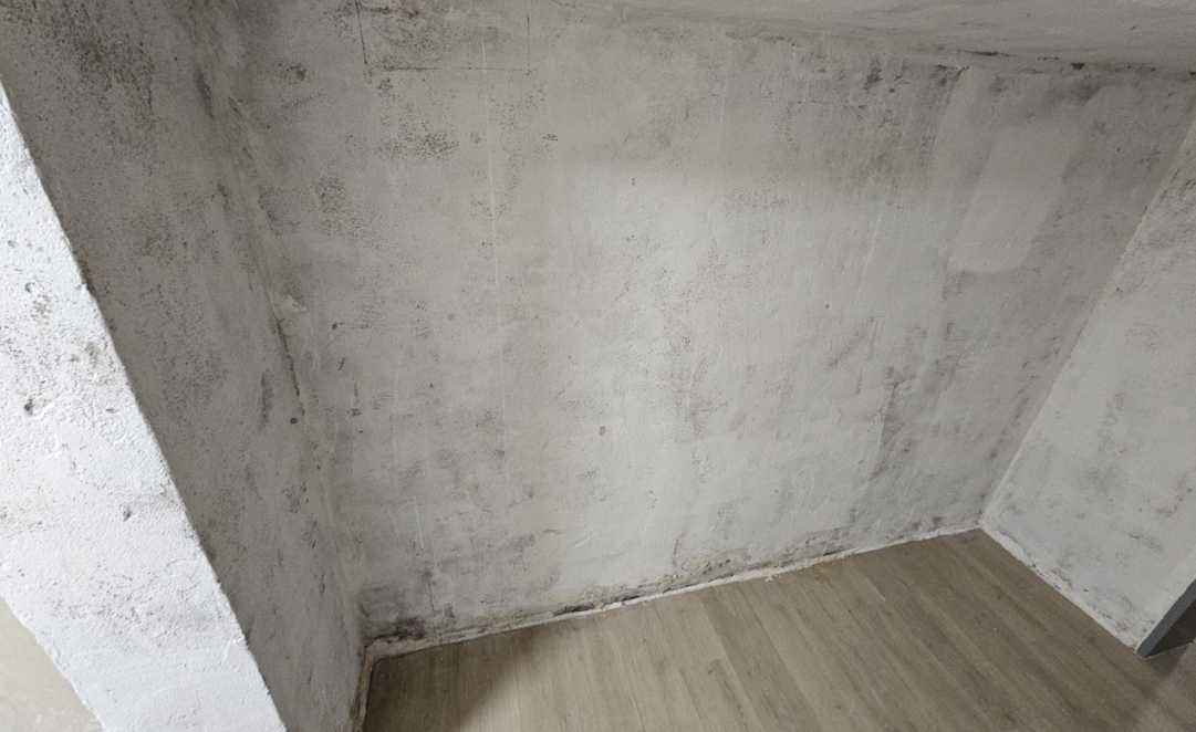 Schimmel und dunkle Feuchtespuren an Wand im Zimmer