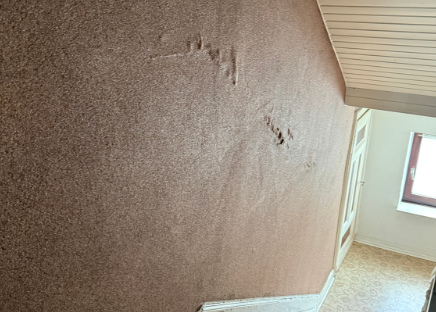 Wellig verformte Tapete mit Rissen im Treppenhaus, Blick zur Dachschräge.