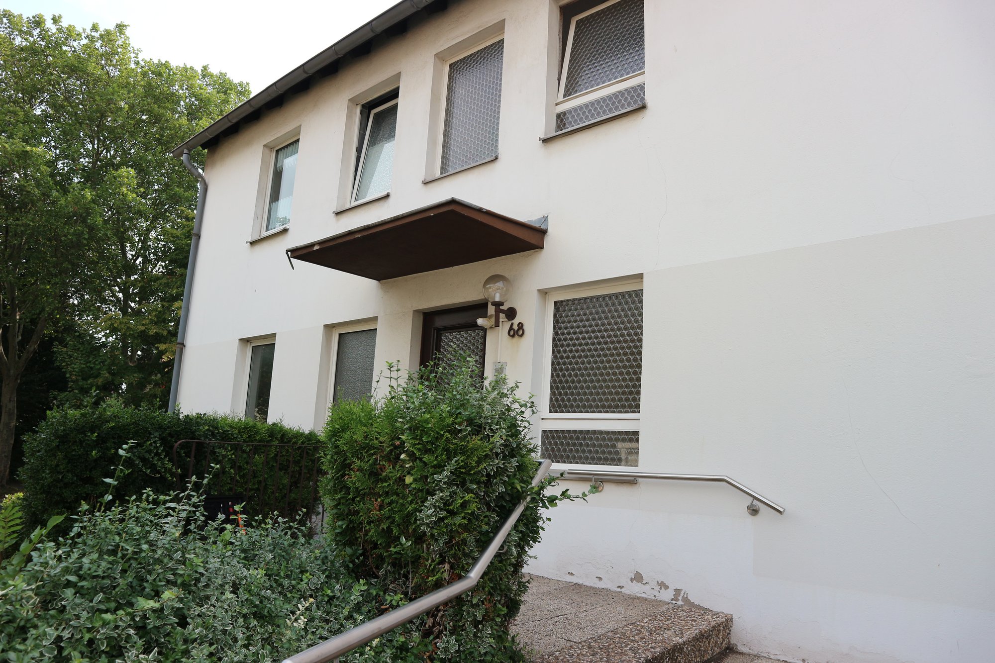 Hauseingang mit Vordach, Treppe und Handlauf, umgeben von Büschen