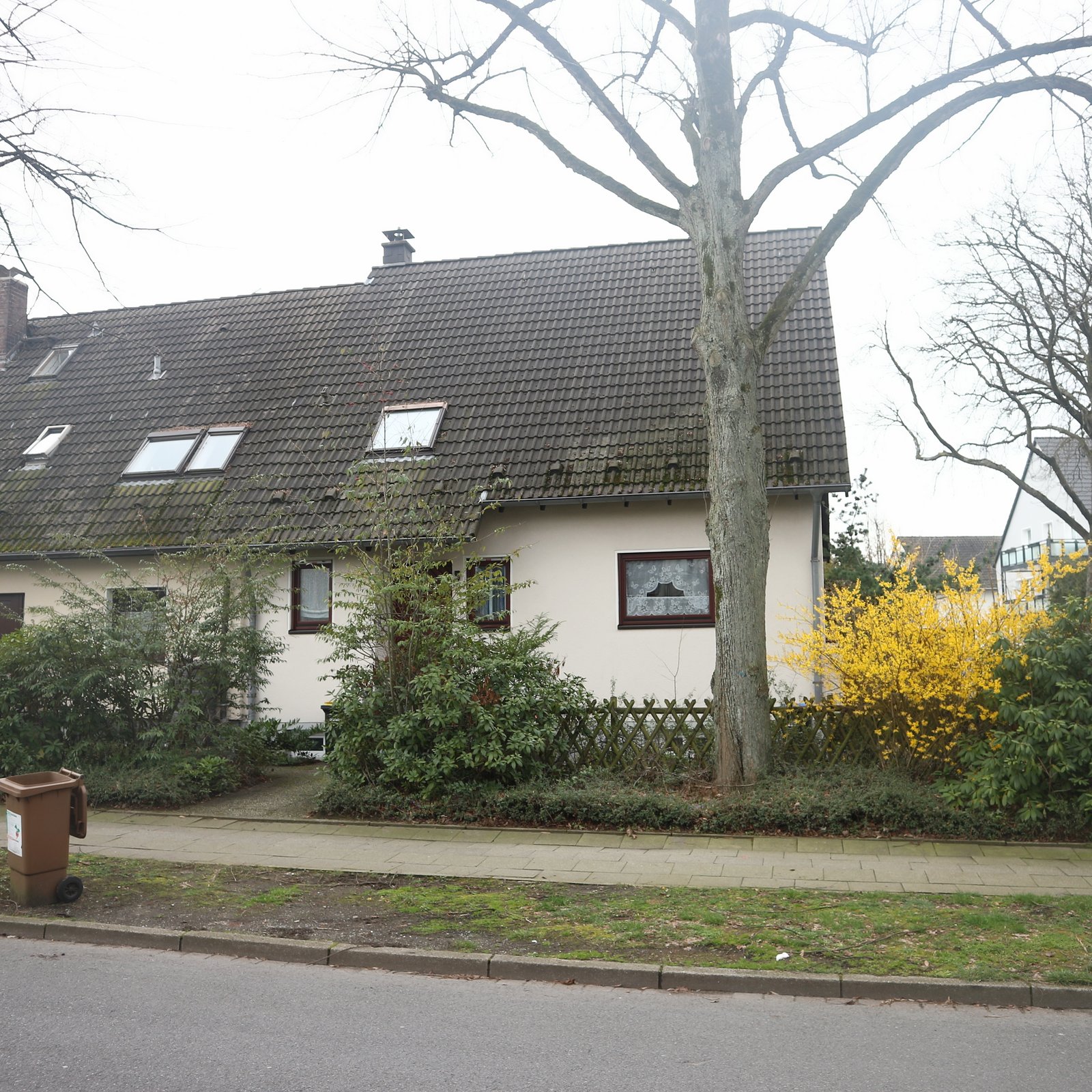Wohnhaus mit Ziegeldach, Gartensträuchern und großem Baum vor Gehweg.
