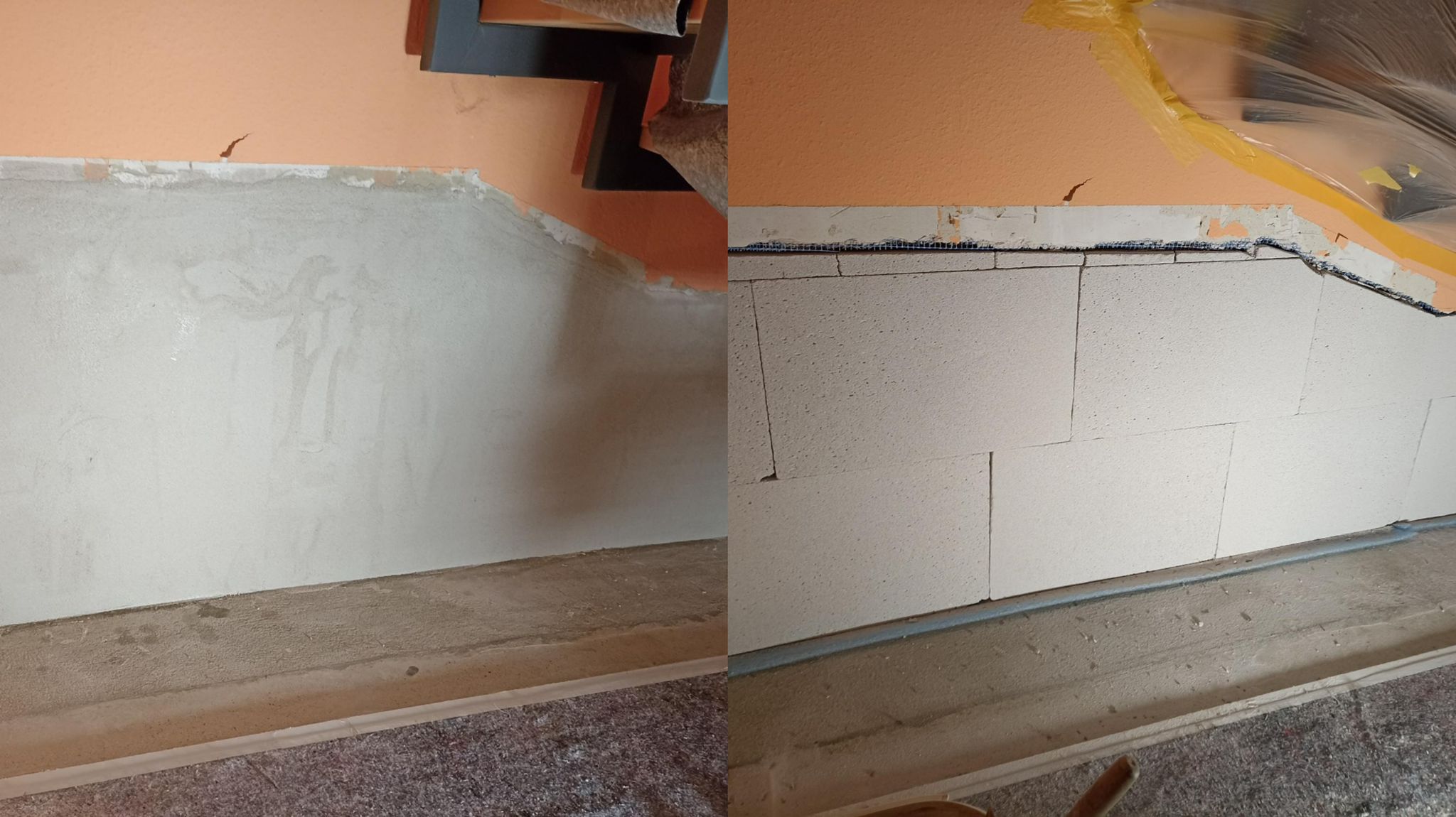 Helle Platten an Sockelwand unter Treppe montiert, Vorher-nachher-Ansicht