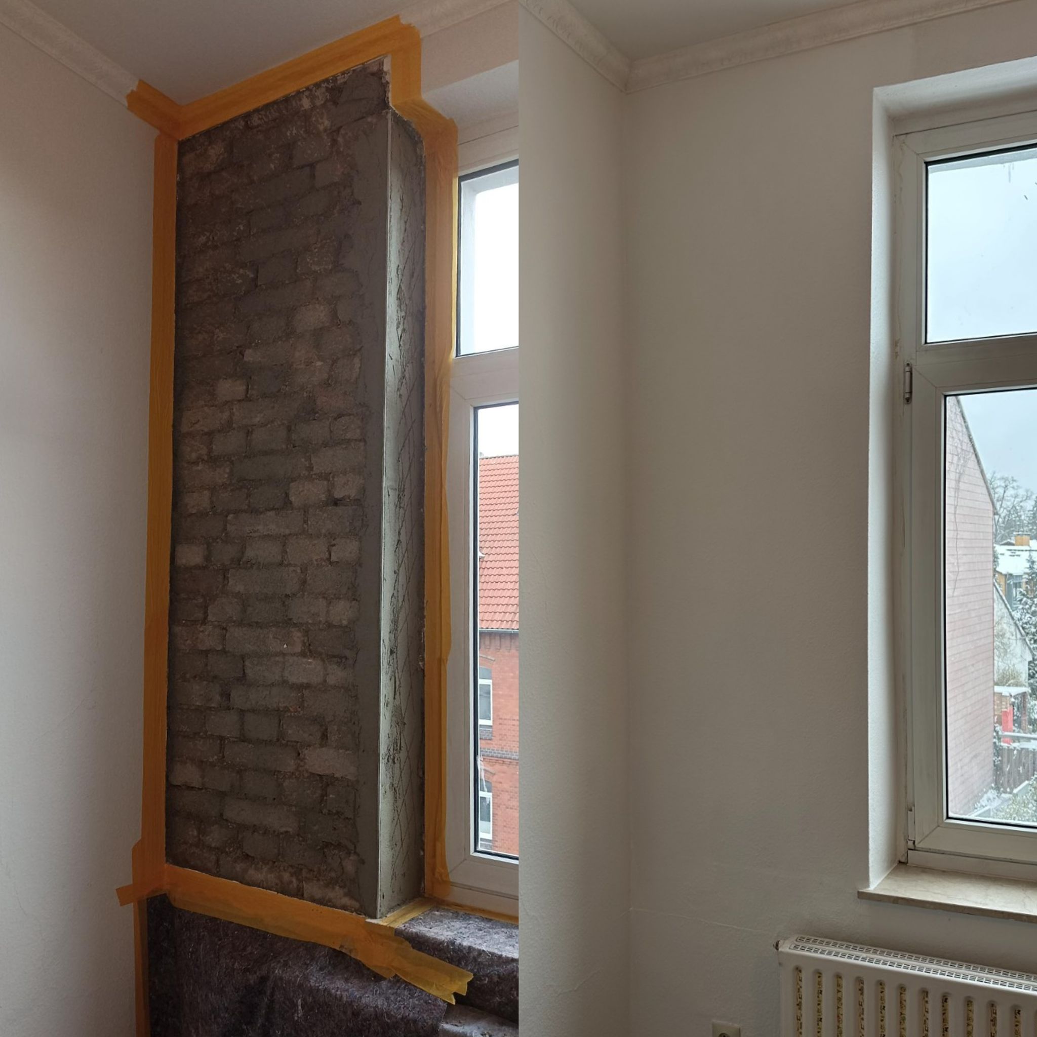 Freigelegtes Mauerwerk an Fensterlaibung im Zimmer, mit Schutzband abgeklebt