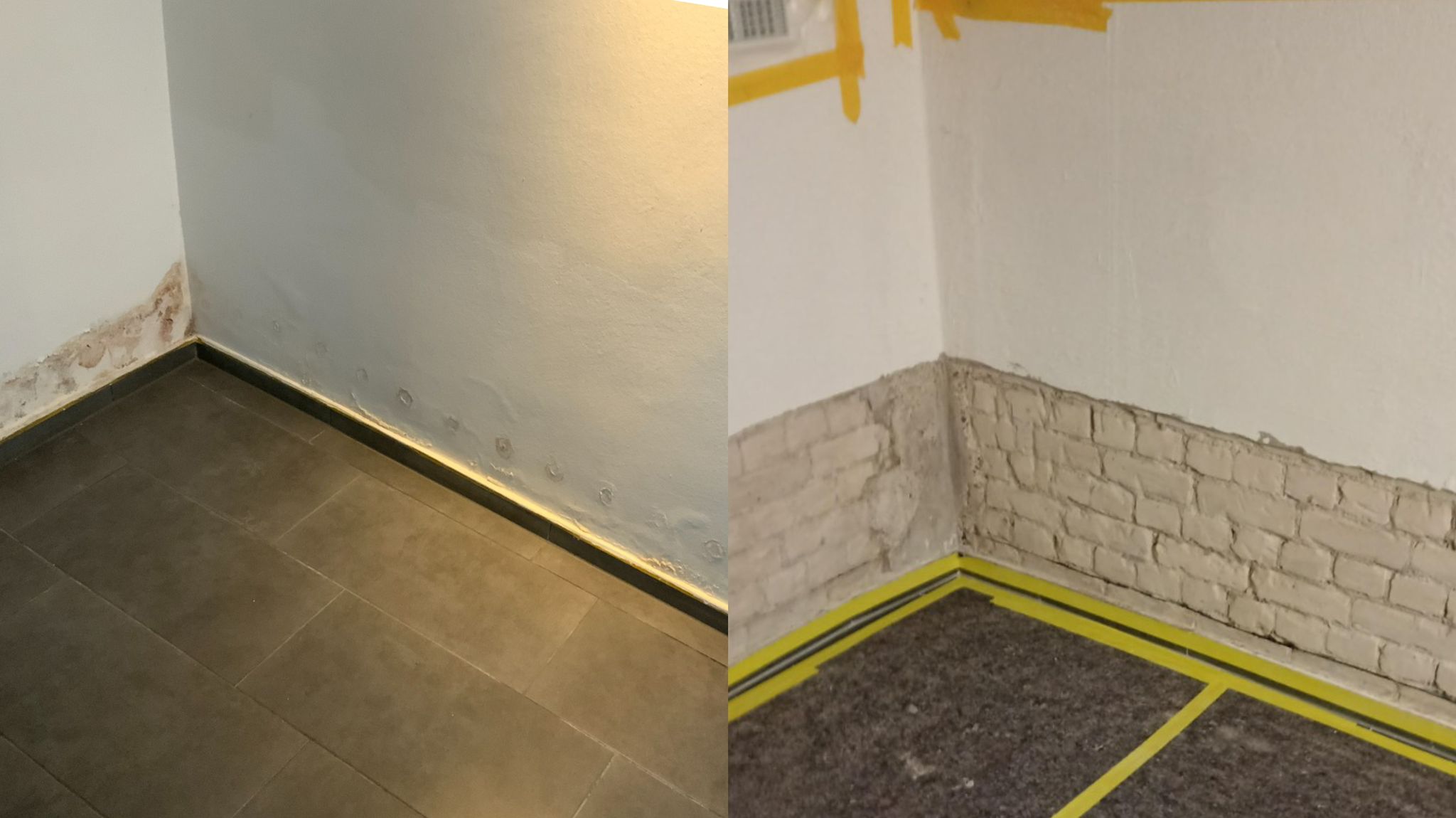 Feuchteschäden an Zimmerecke, freigelegtes Mauerwerk im Vorher-Nachher-Vergleich