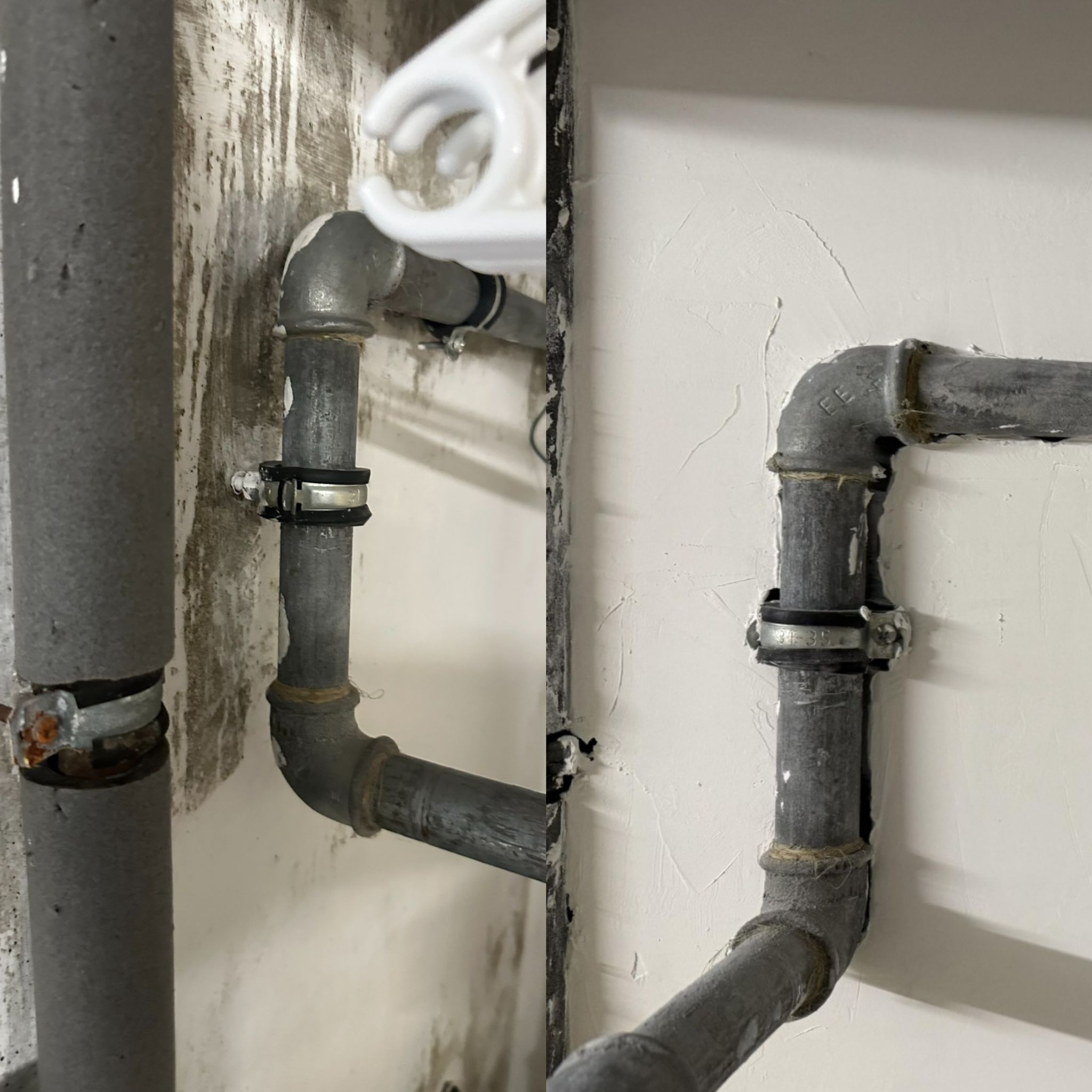 Geteiltes Foto von grauen Rohrleitungen vor verschmutzter und weißer Wand.