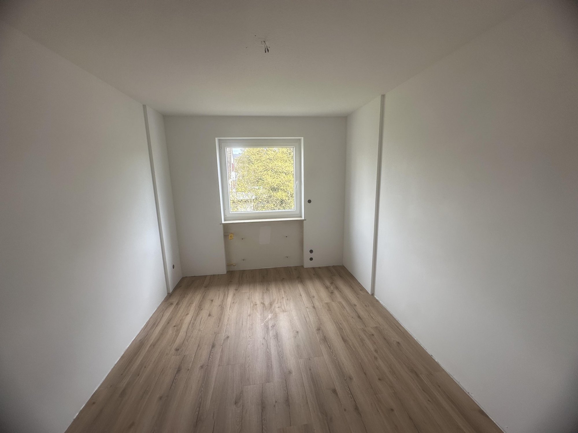 Leerer Raum mit weiß gestrichenen Wänden, Holzoptik-Boden und Fenster zur Baumansicht.