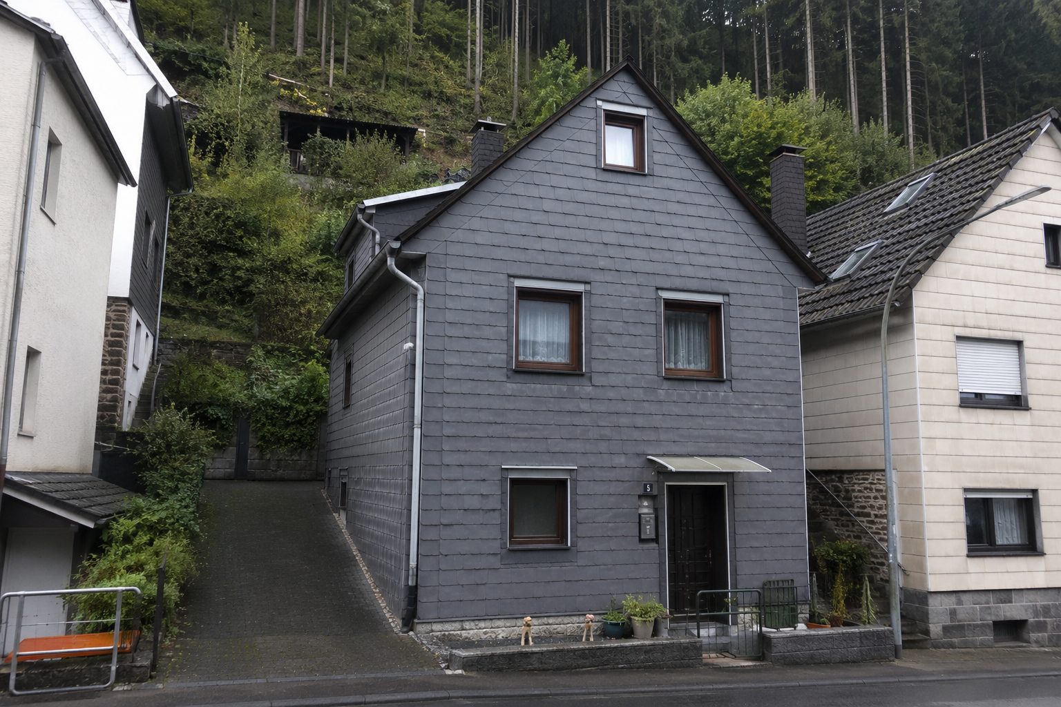 Graues Wohnhaus mit Schieferfassade zwischen Nachbarhäusern, Waldhang im Hintergrund