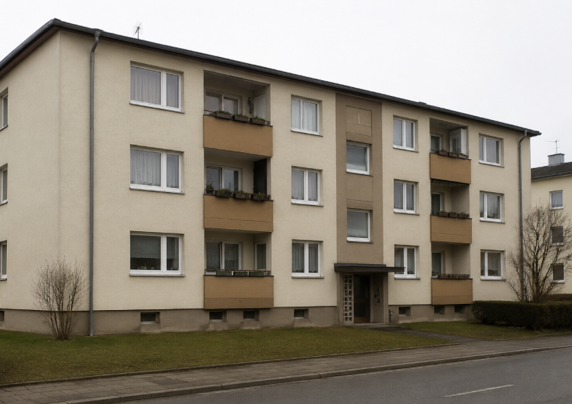 Mehrfamilienhaus mit Balkonen und Fenstern, Ansicht von der Straße.