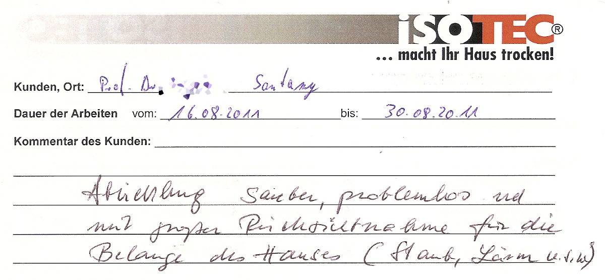 ISOTEC Formular mit handschriftlichem Kundenkommentar