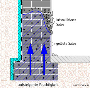 Durch kapillar aufsteigende Feuchtigkeit geraten baustoffschädliche Salze 