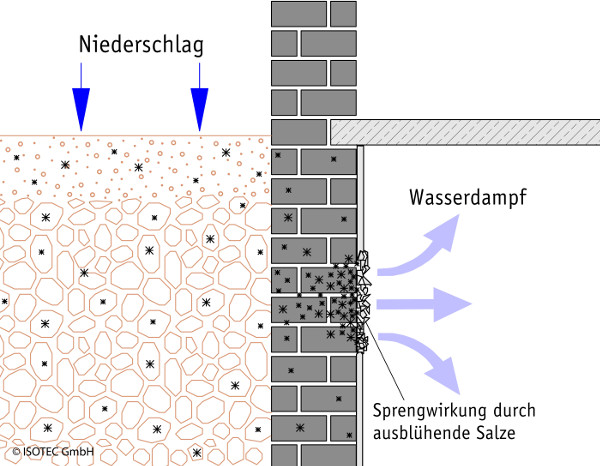 Mit der Aufnahme von Feuchtigkeit entwickeln die baustoffschädlichen Salzen eine Sprengwirkung